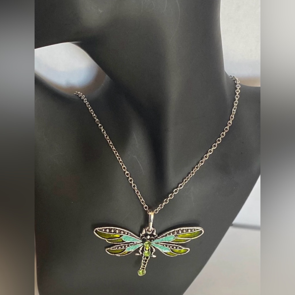 Green Silver Tone Dragonfly Pendant And Long Silver Tone Necklace Green Silver Tone Dragonfly Pendant And Long Silver Tone Necklace